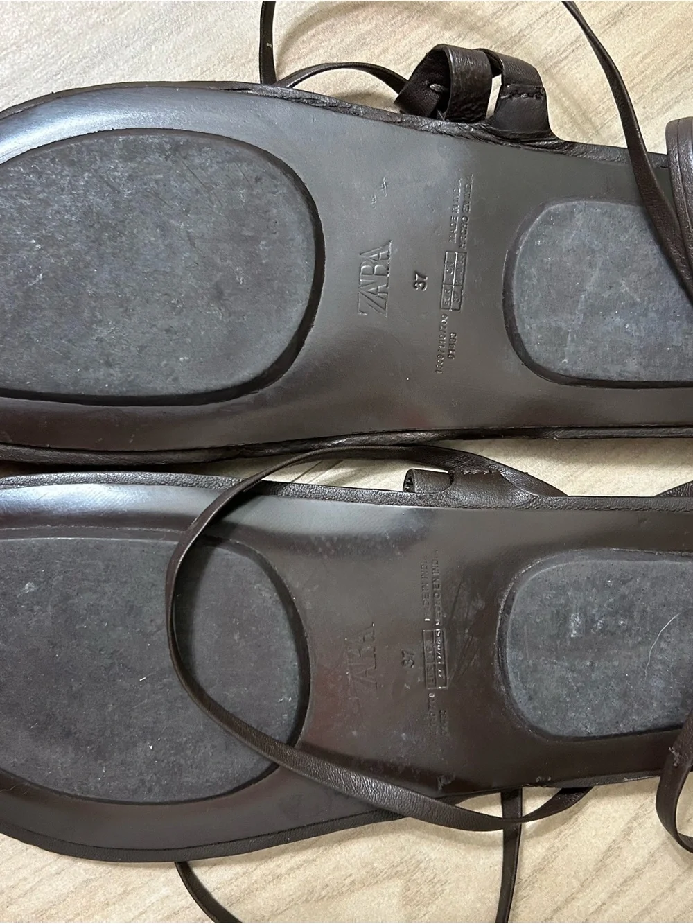 Zara Brown Leather Lace-Up Thong Sandals with Cream Swirl Accent - Picture 4 of 4